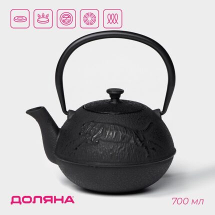Чайник Доляна «Чёрный тигр», 700 мл, с ситом, эмалированное покрытие внутри, индукция, чугун, чёрный